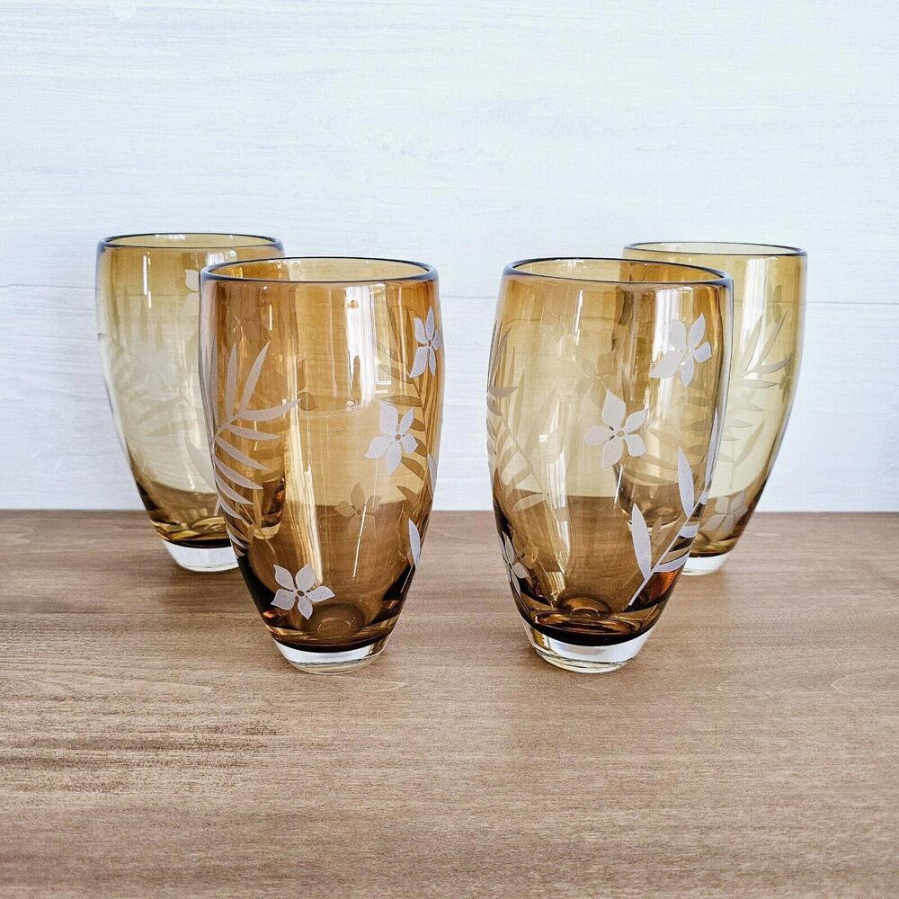 Hand Blown Etched Amber Ferns & Flowers Large Tumblers Glasses Set of 4